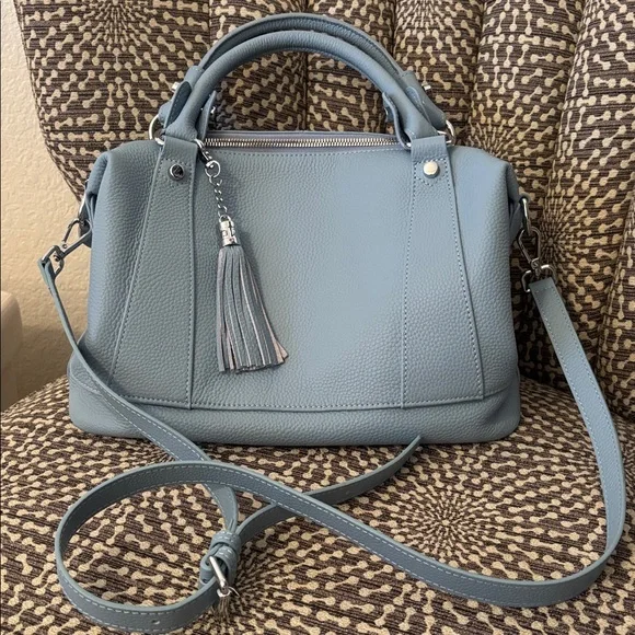 Heshe Light Blue Leather Satchel Bag with Detachable Adjustable Strap Like New - Picture 15 of 16
